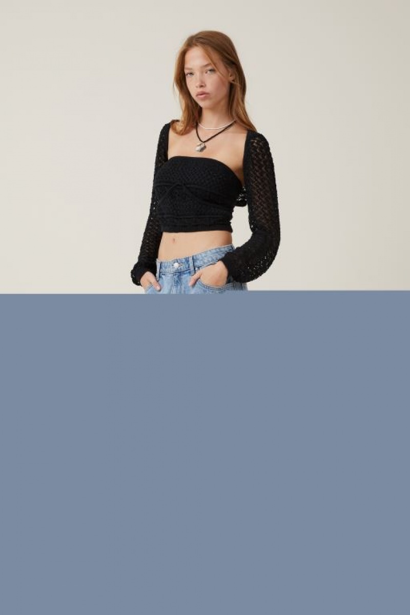 Cotton On Jetset Crochet Shrug Women's Long Sleeve Black | l1ZTGRLKz3o