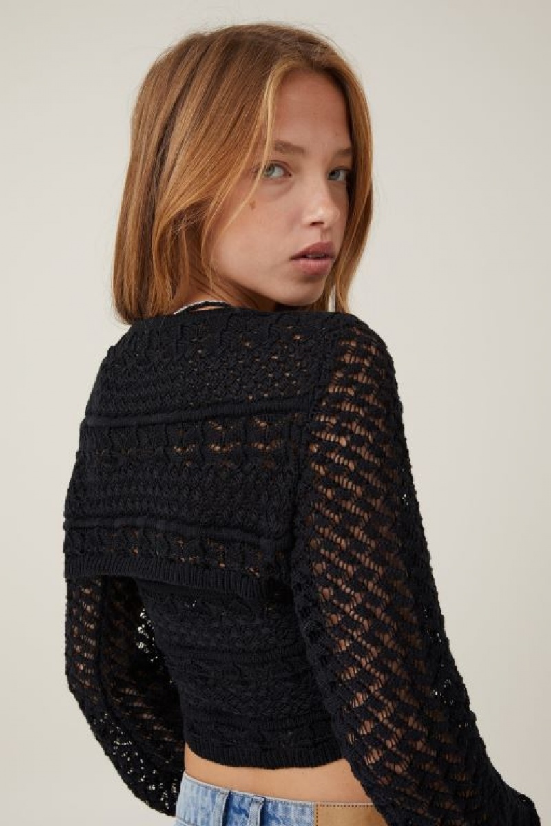 Cotton On Jetset Crochet Shrug Women's Long Sleeve Black | l1ZTGRLKz3o