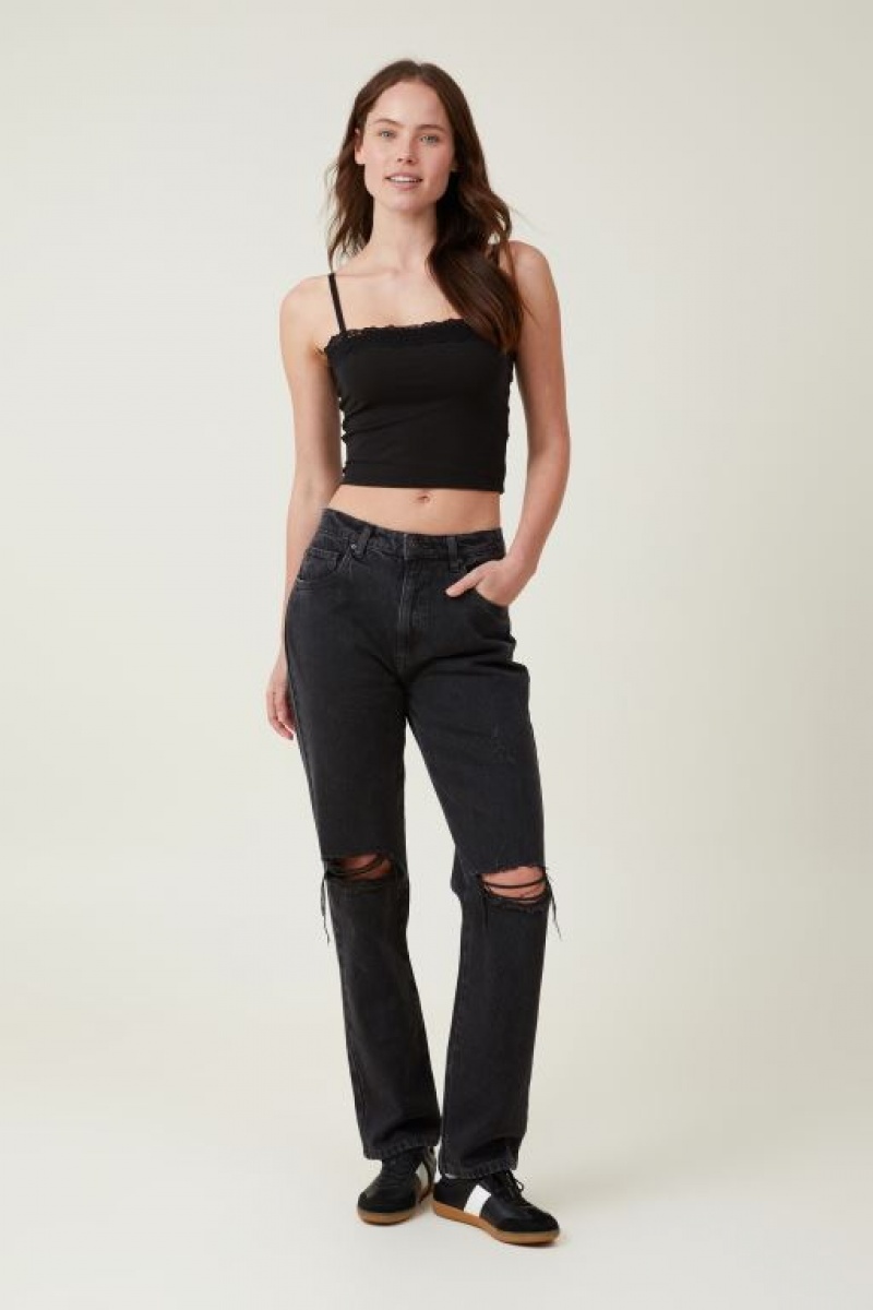 Cotton On Katie Straight Neck Lace Women's Cami Black | aQ5u2Gmb5zg