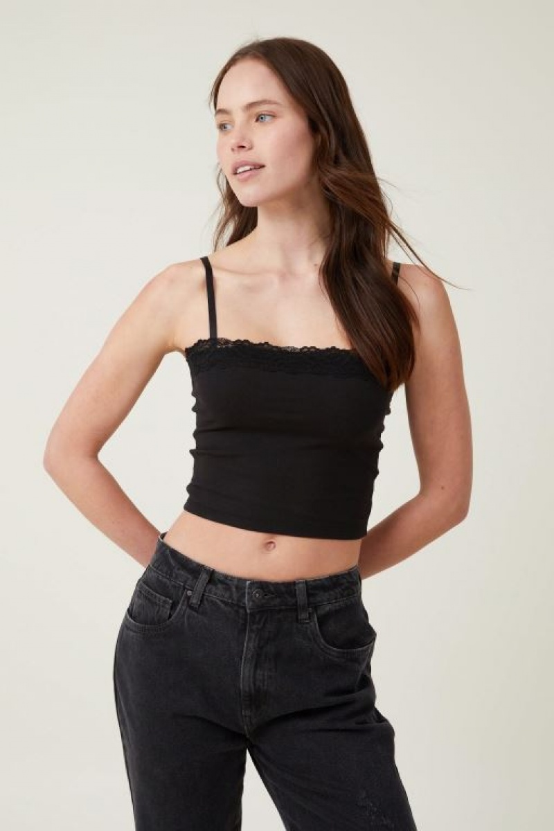 Cotton On Katie Straight Neck Lace Women\'s Cami Black | aQ5u2Gmb5zg