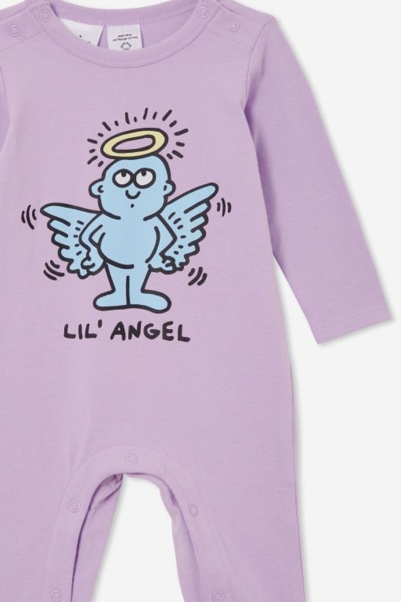Cotton On Keith Haring Long Sleeve Snap Baby Rompers Purple | COUrvsb9RPZ