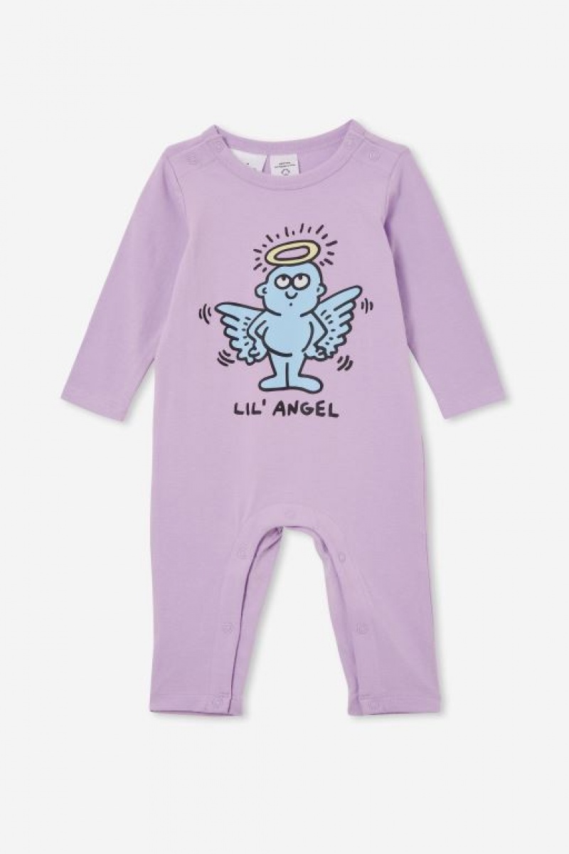 Cotton On Keith Haring Long Sleeve Snap Baby Rompers Purple | COUrvsb9RPZ