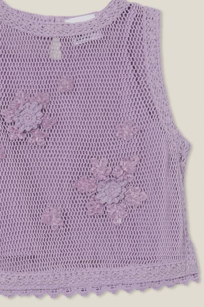 Cotton On Kiara Crochet Girls' T Shirts Purple | eNc209kATBg