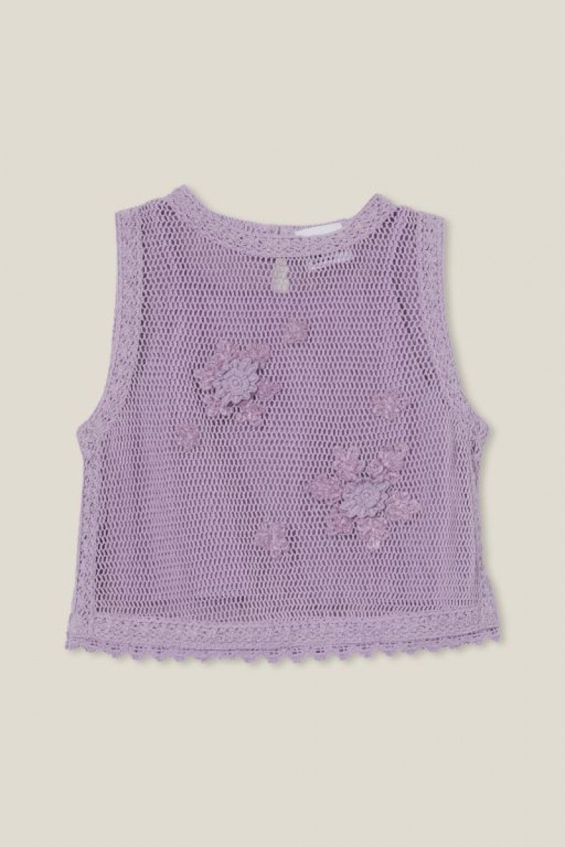 Cotton On Kiara Crochet Girls\' T Shirts Purple | eNc209kATBg
