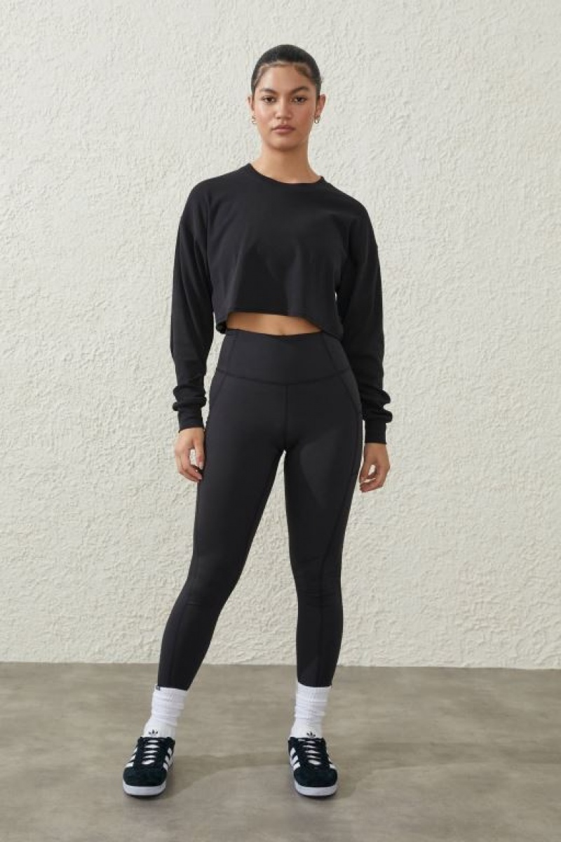 Cotton On Lightweight Cropped Longsleeve Top Women's Jumpers Black | qBR9AhSvPWr