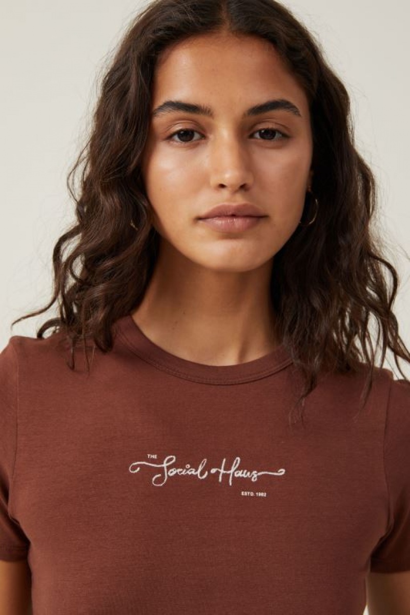Cotton On Lightweight Longline Graphic Women's Graphic T-Shirts Brown | G23vhlNBTpK