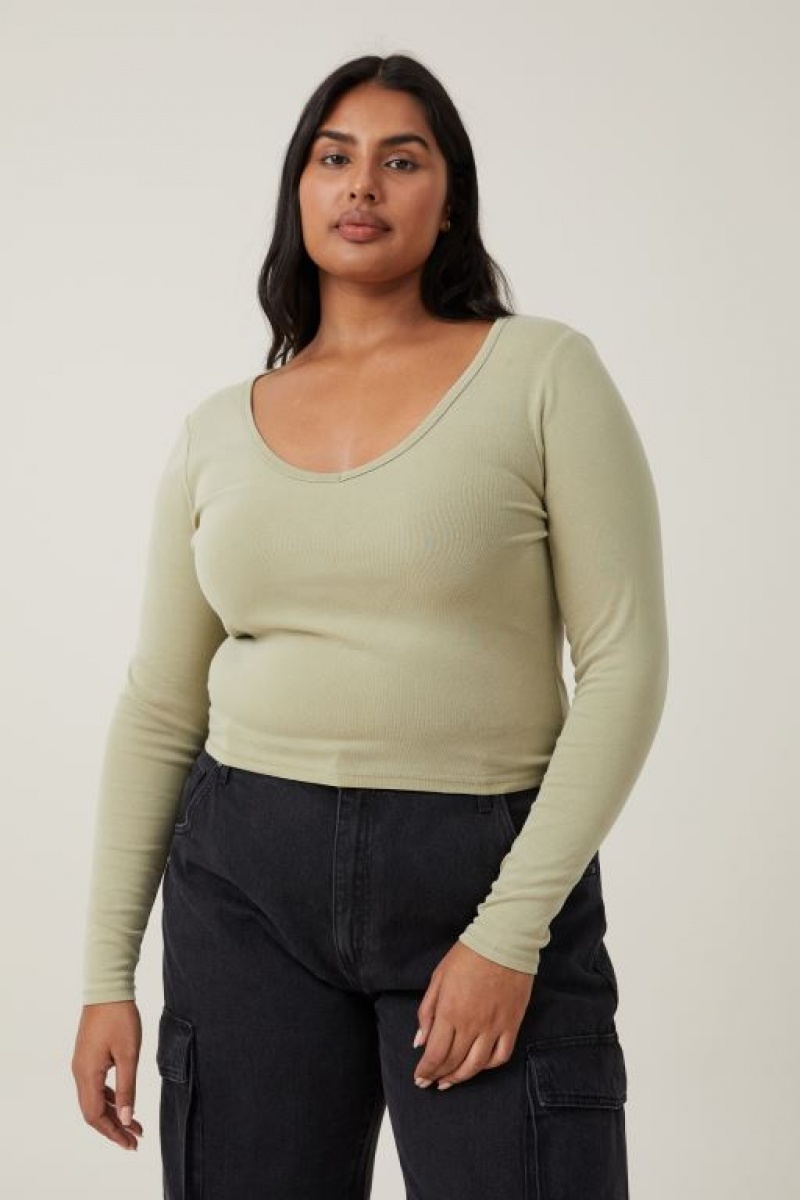 Cotton On Madison V Neck Top Women's Long Sleeve Olive | rihhWLVngIA
