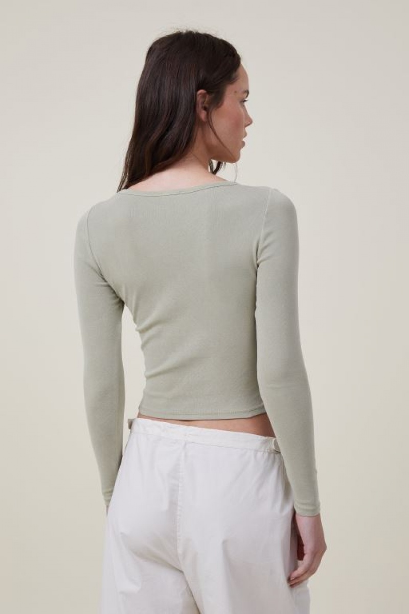 Cotton On Madison V Neck Top Women's Long Sleeve Olive | rihhWLVngIA
