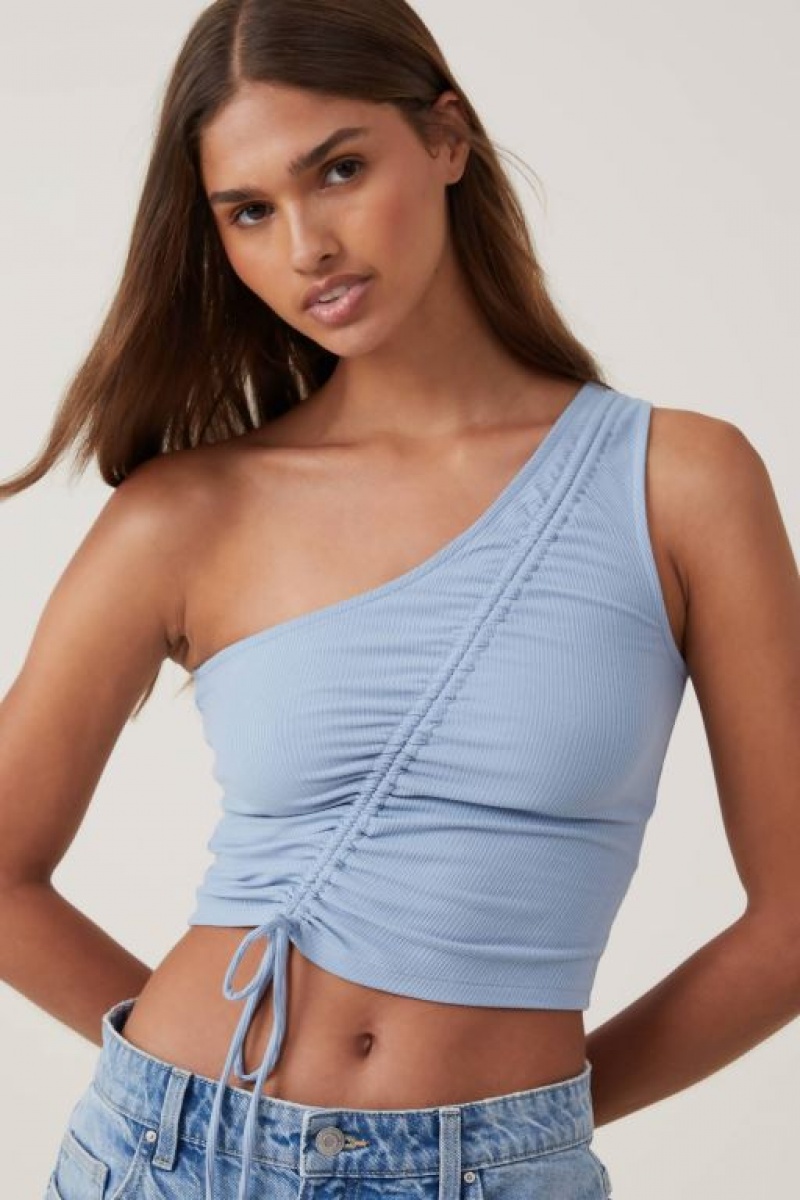Cotton On Marli One Shoulder Rouched Women's Tanks Blue | Wm5ny8Z41ol