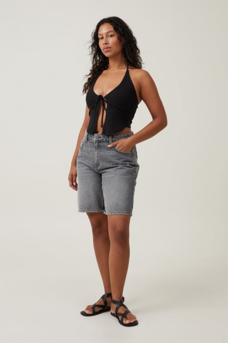 Cotton On Mia Tie Front Halter Women's Tanks Black | eOTynnanEOH