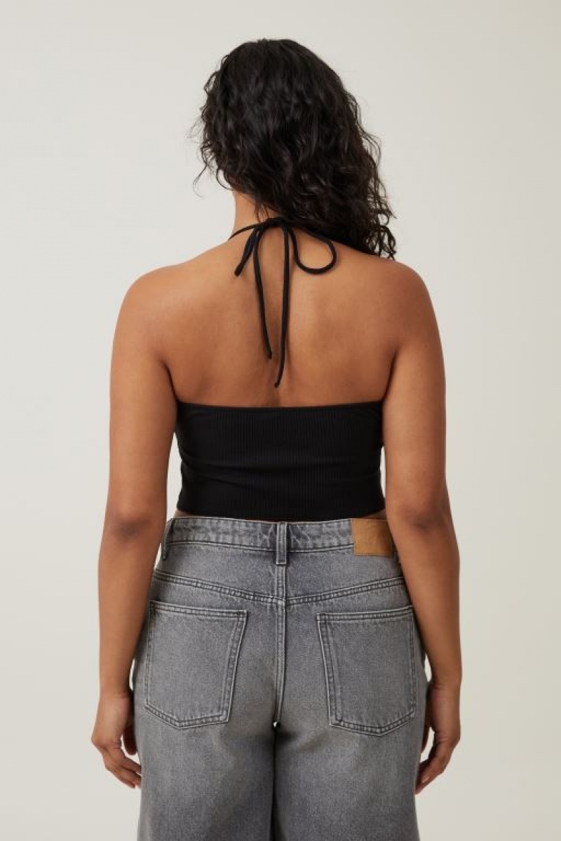 Cotton On Mia Tie Front Halter Women's Tanks Black | eOTynnanEOH