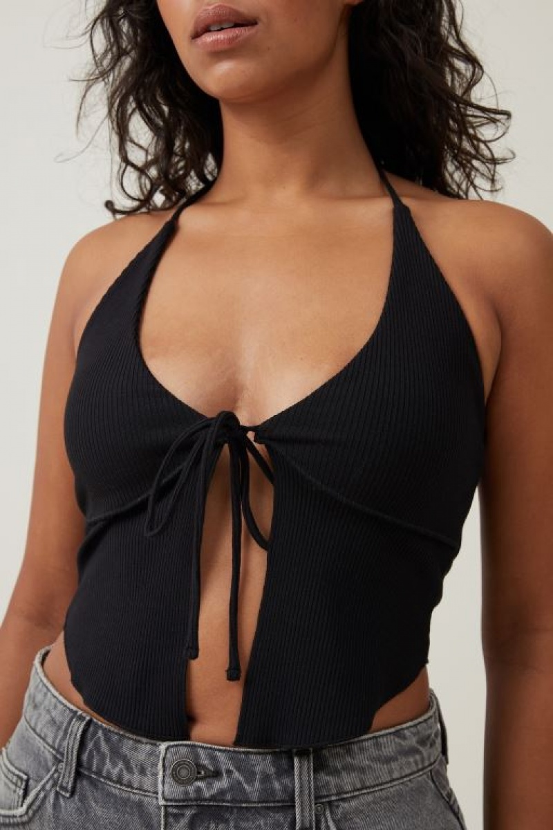 Cotton On Mia Tie Front Halter Women's Tanks Black | eOTynnanEOH