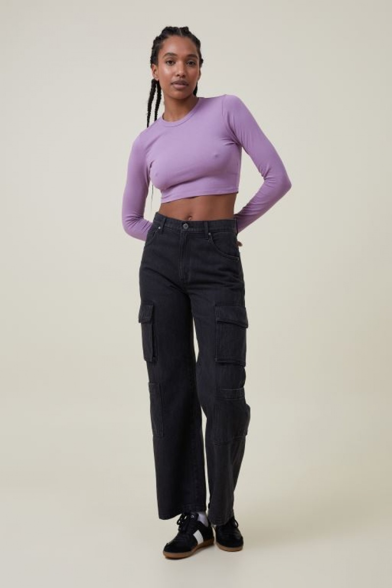 Cotton On Micro Crop Top Women's Long Sleeve Purple | 4QywcSSDwOo