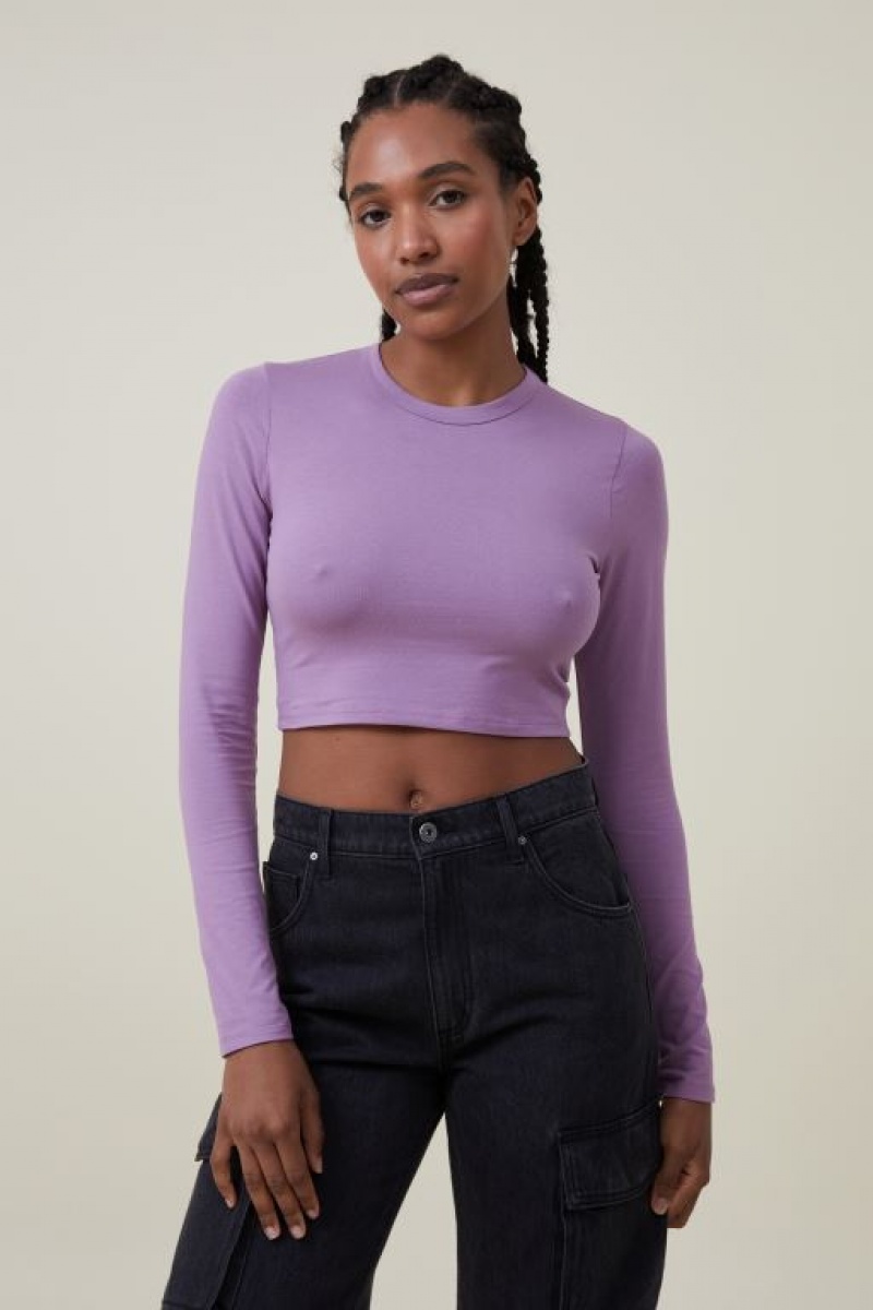 Cotton On Micro Crop Top Women\'s Long Sleeve Purple | 4QywcSSDwOo