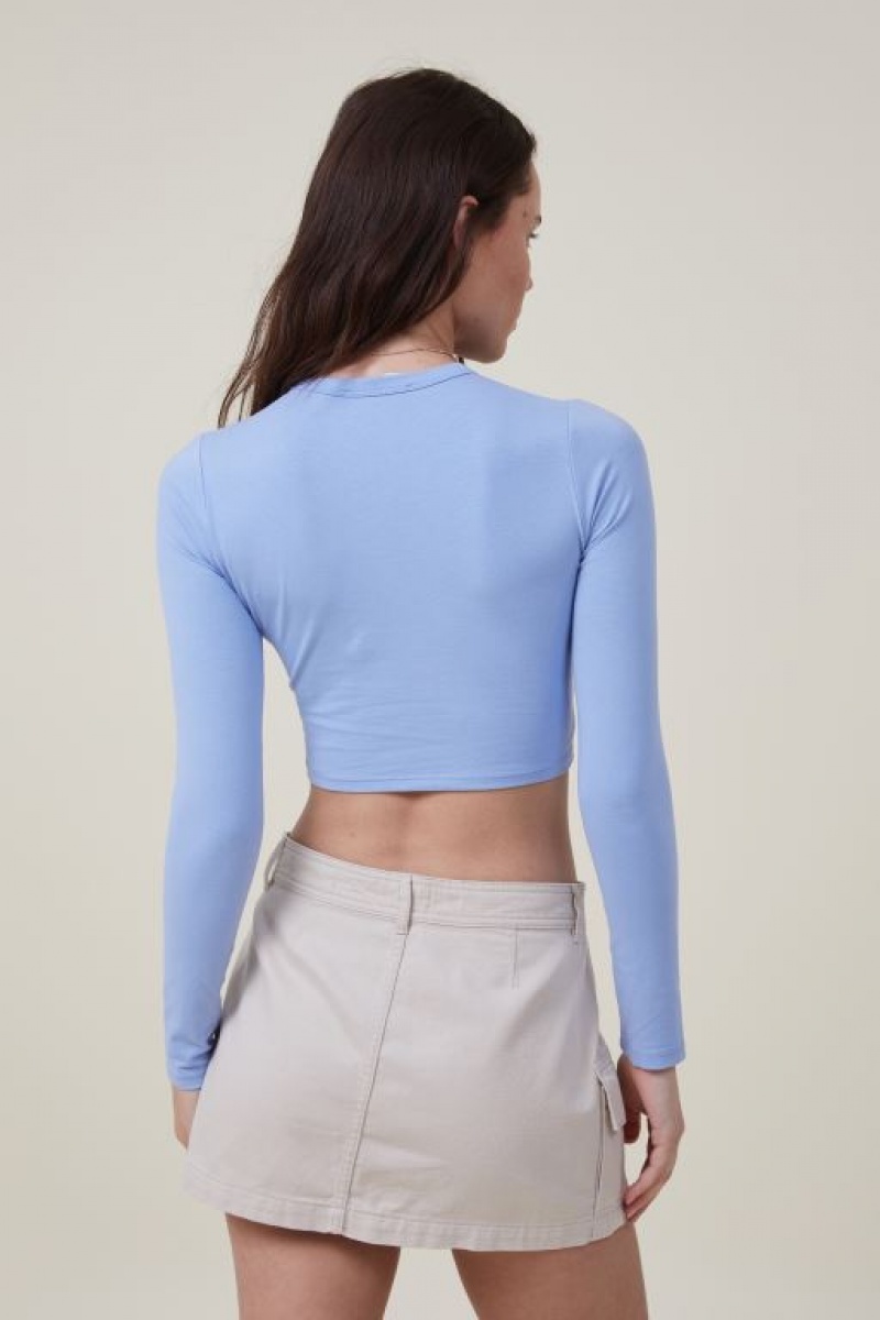 Cotton On Micro Crop Top Women's Long Sleeve Blue | zM8eyw5aQVa