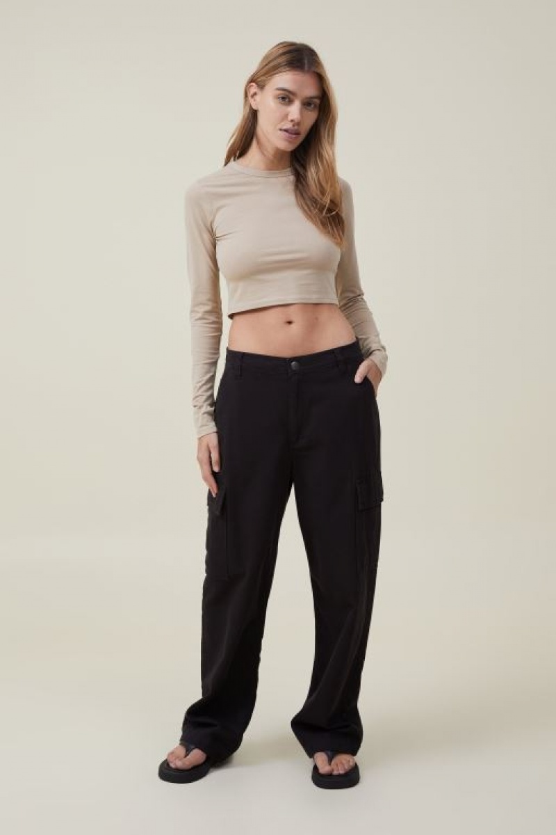 Cotton On Micro Crop Top Women's Long Sleeve Grey Brown | Z94vLe61quk