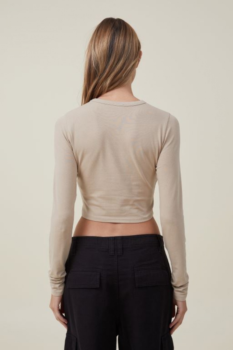 Cotton On Micro Crop Top Women's Long Sleeve Grey Brown | Z94vLe61quk