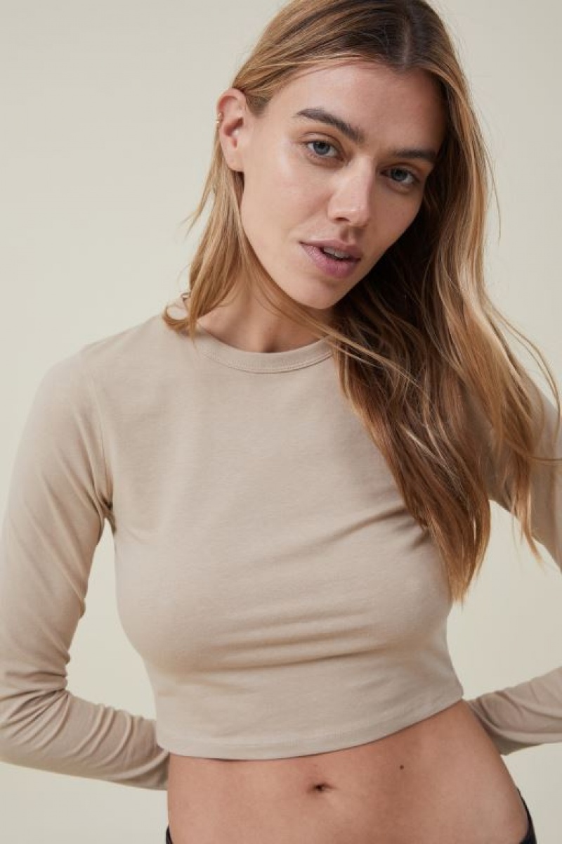 Cotton On Micro Crop Top Women's Long Sleeve Grey Brown | Z94vLe61quk
