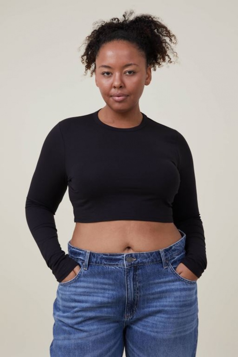 Cotton On Micro Crop Top Women's Long Sleeve Black | yRSvjtSQ3LB