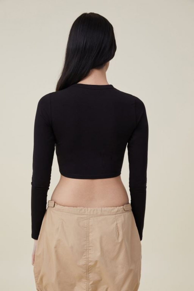 Cotton On Micro Crop Top Women's Long Sleeve Black | yRSvjtSQ3LB