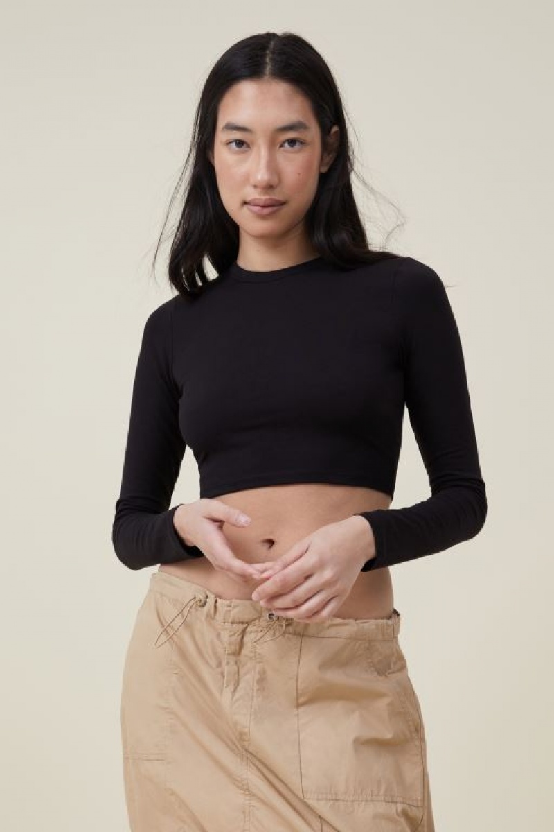 Cotton On Micro Crop Top Women\'s Long Sleeve Black | yRSvjtSQ3LB