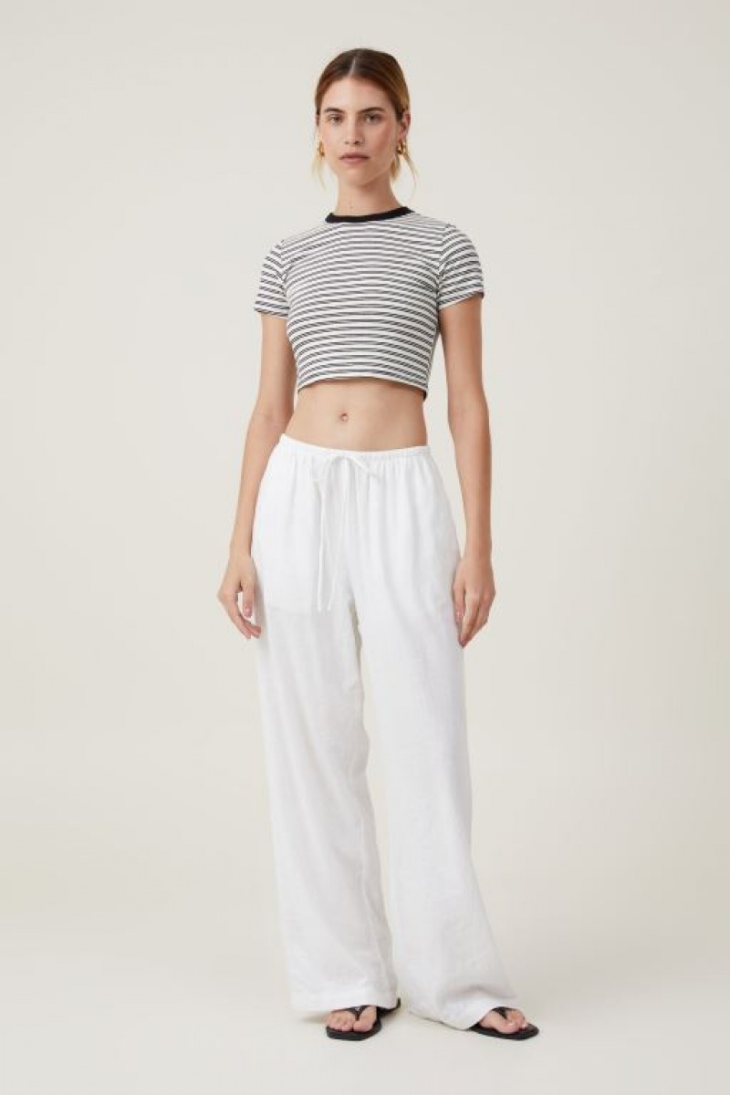 Cotton On Micro Crop Women's T Shirts Stripes Beige White / Black | wZR3A8bAaKZ