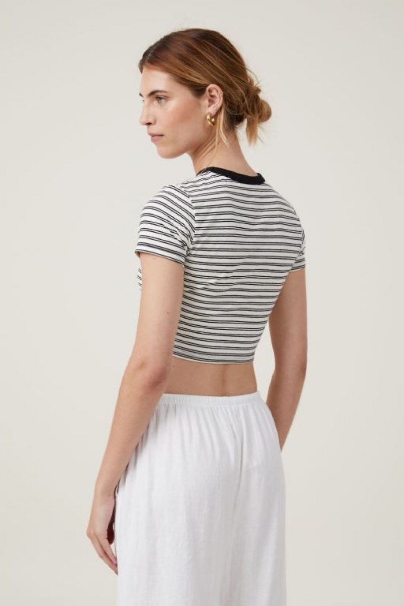 Cotton On Micro Crop Women's T Shirts Stripes Beige White / Black | wZR3A8bAaKZ
