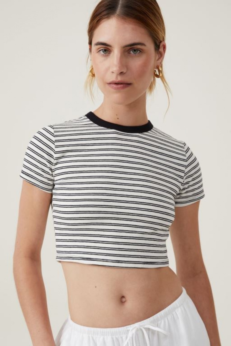 Cotton On Micro Crop Women's T Shirts Stripes Beige White / Black | wZR3A8bAaKZ