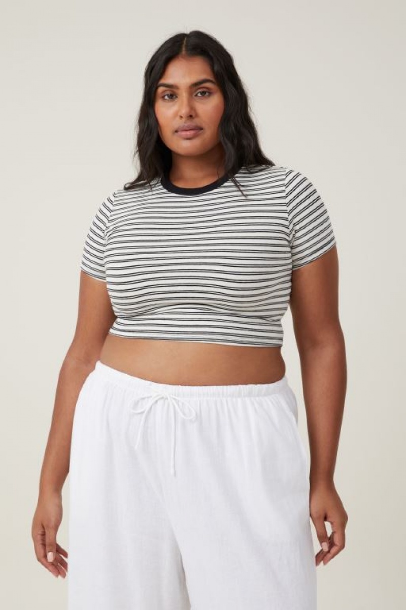 Cotton On Micro Crop Women's T Shirts Stripes Beige White / Black | wZR3A8bAaKZ