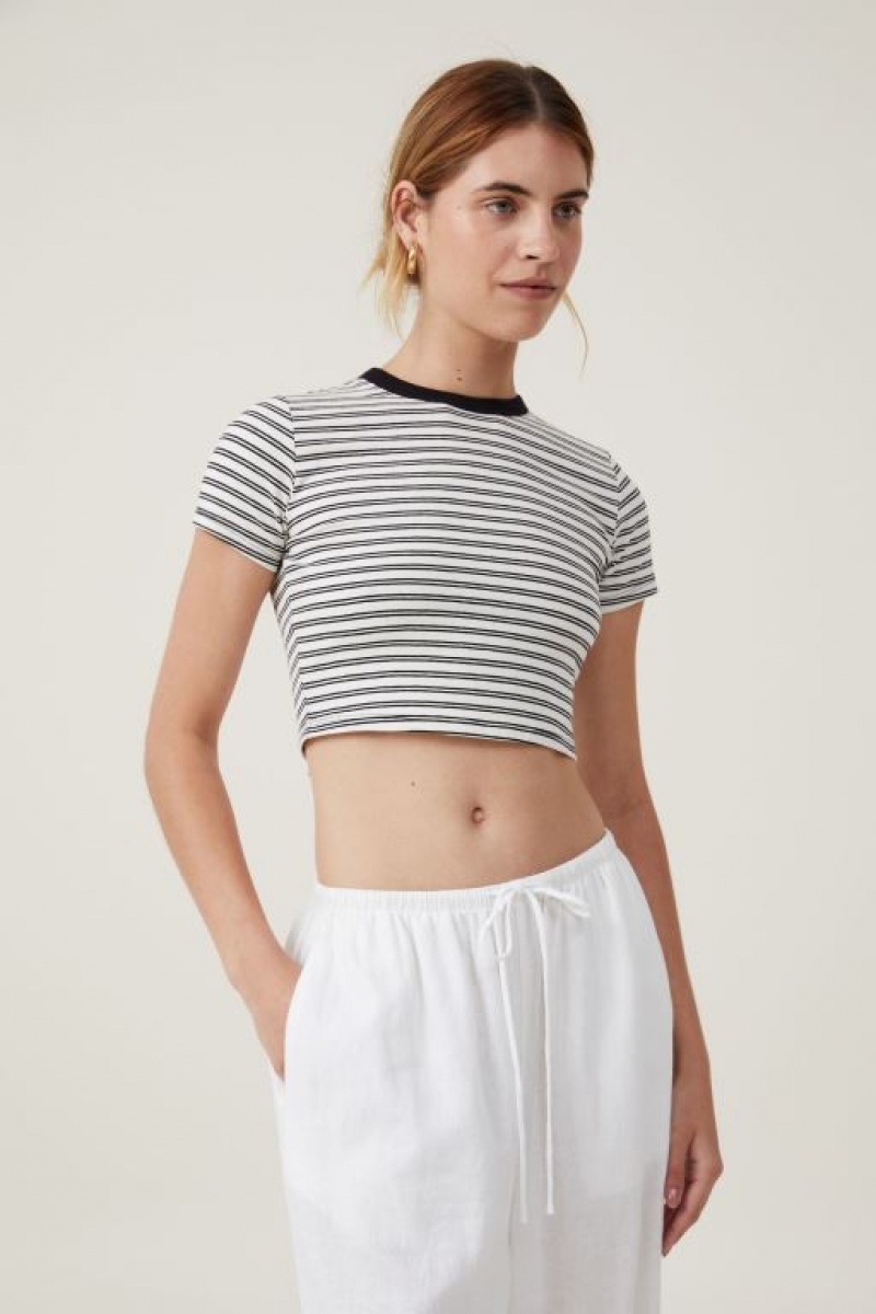 Cotton On Micro Crop Women\'s T Shirts Stripes Beige White / Black | wZR3A8bAaKZ