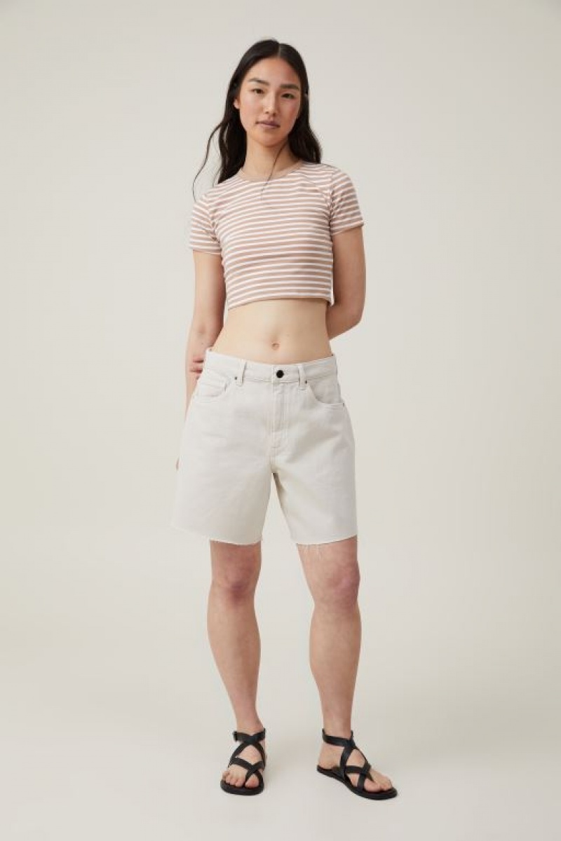 Cotton On Micro Crop Women's T Shirts Stripes Brown / White | RacSrBOW5b2