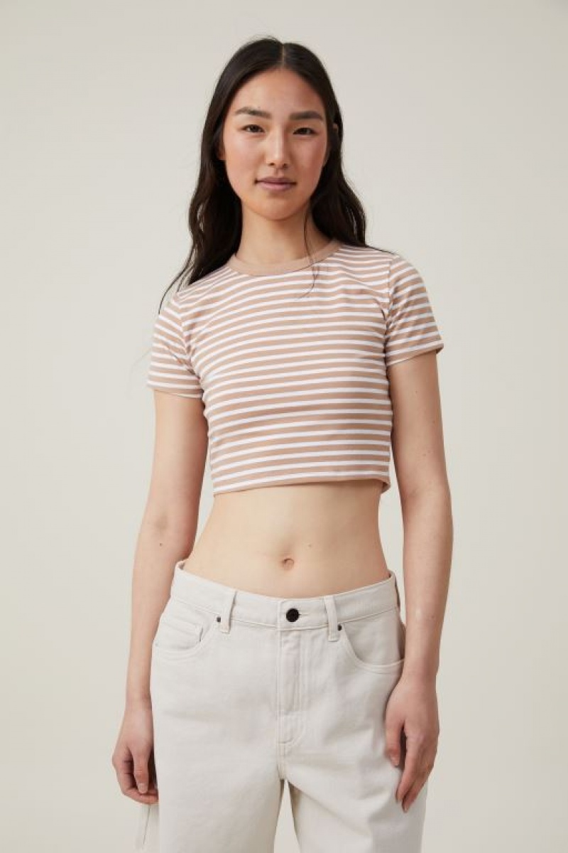 Cotton On Micro Crop Women\'s T Shirts Stripes Brown / White | RacSrBOW5b2