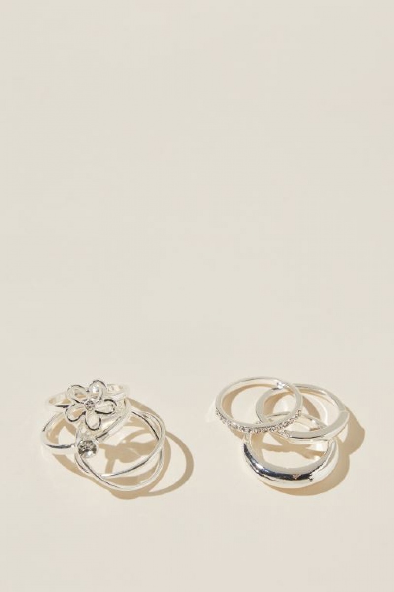 Cotton On Multipack Rings Women\'s Jewellery Silver Flower | xnwyYDfEP65