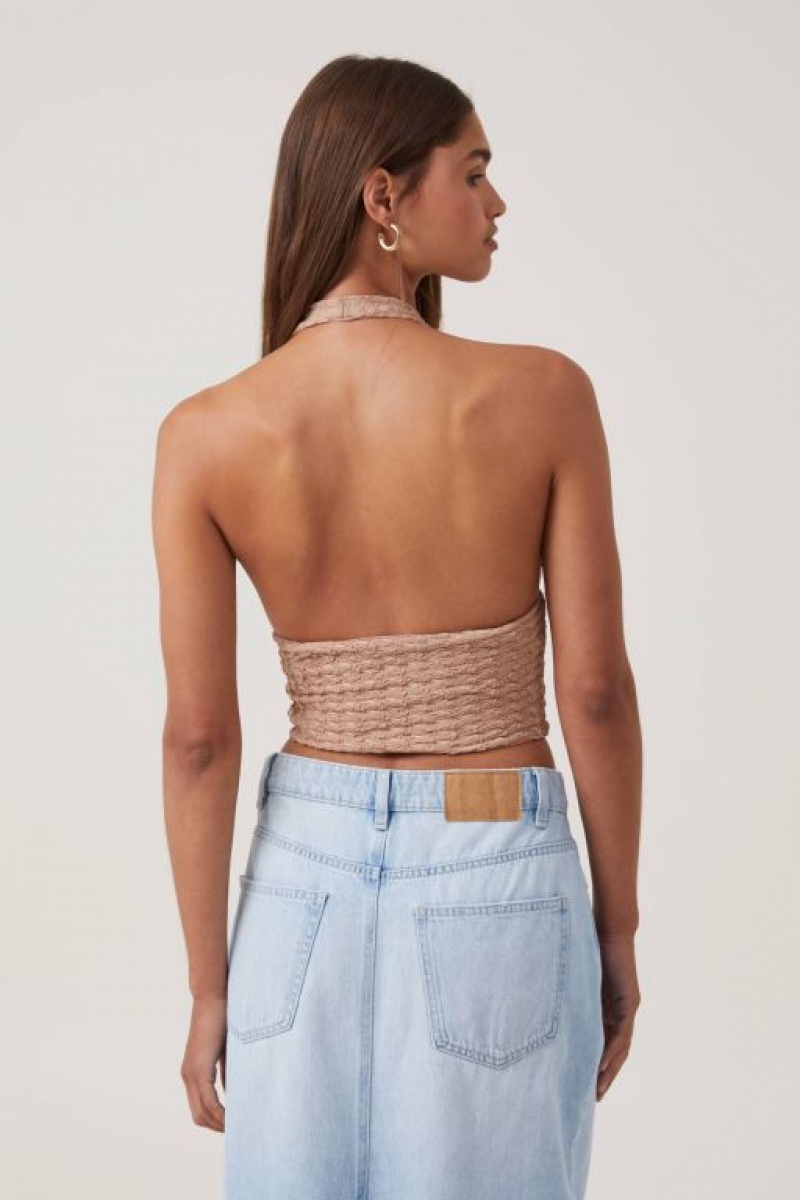 Cotton On Nova Textured Halter Women's Tanks Brown | gfvqU0gafRO
