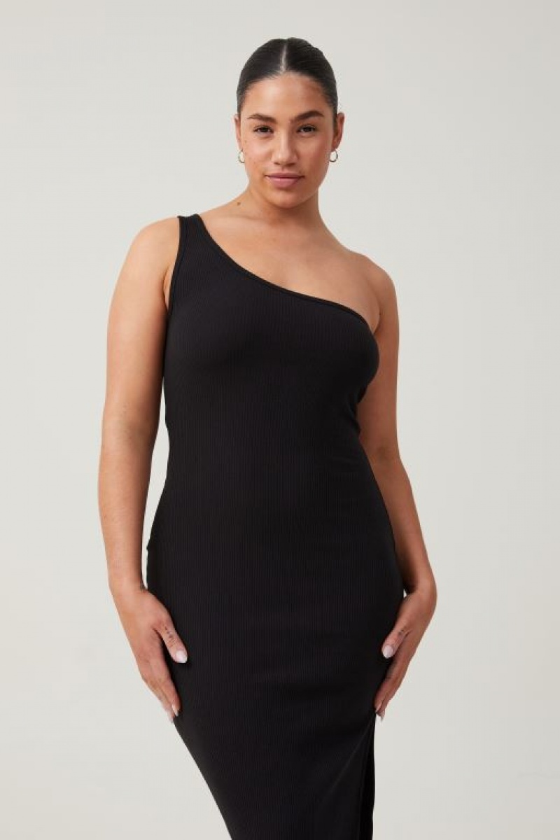 Cotton On One Shoulder Rib Women's Maxi Dress Black | BmW2saNPZdT