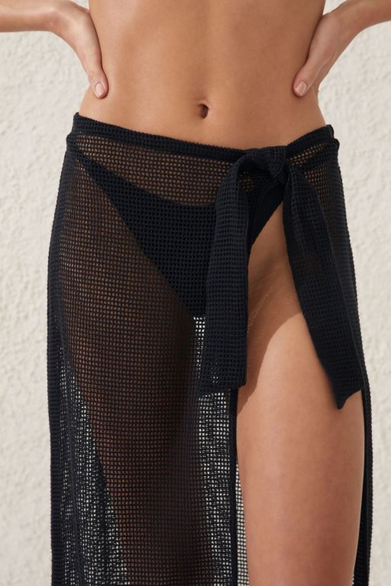 Cotton On Open Mesh Beach Sarong Wrap Women's Skirt Black | yBOg9tQi59X
