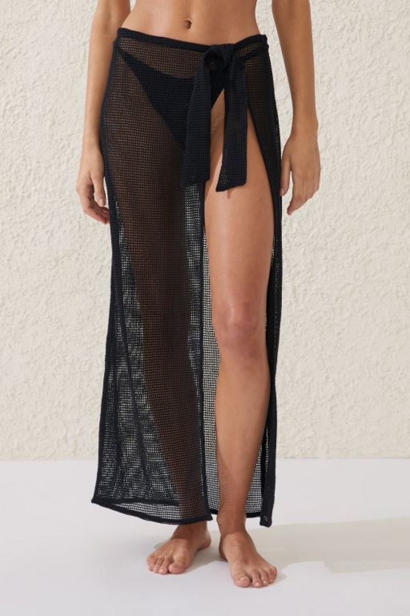 Cotton On Open Mesh Beach Sarong Wrap Women's Skirt Black | yBOg9tQi59X