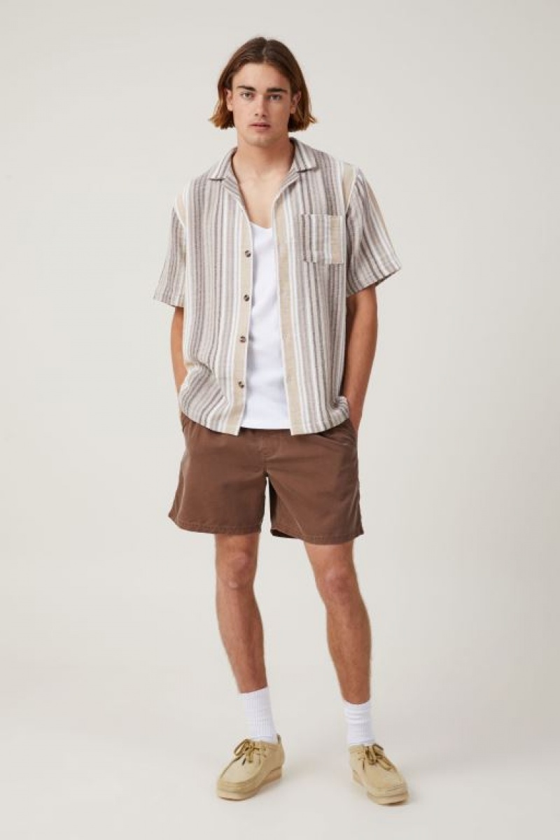 Cotton On Palma Short Sleeve Shirt Men's Shirts Brown Stripes | llGERAyoHsB