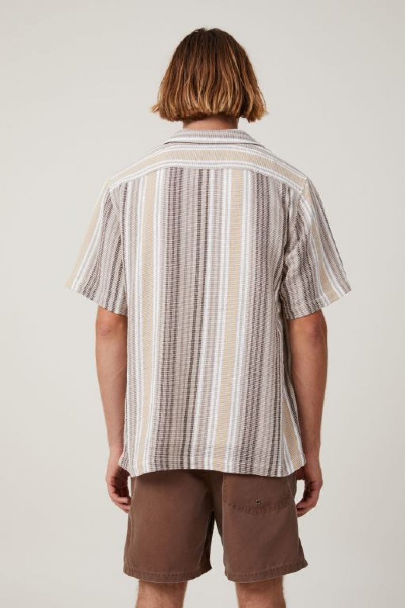 Cotton On Palma Short Sleeve Shirt Men's Shirts Brown Stripes | llGERAyoHsB