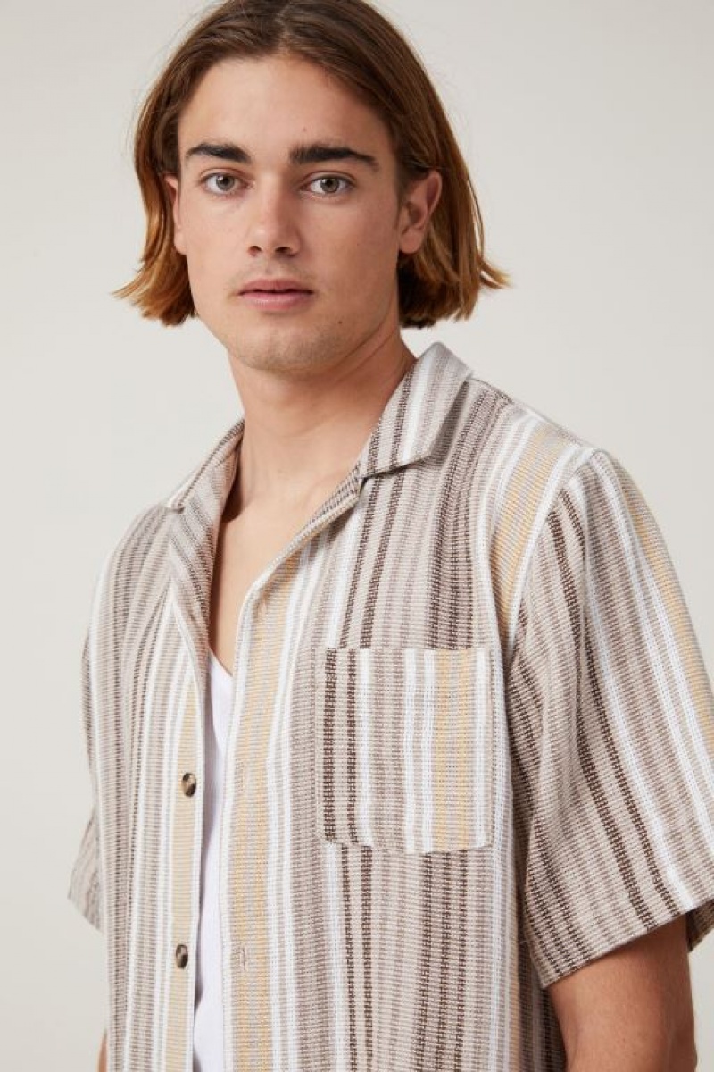 Cotton On Palma Short Sleeve Shirt Men's Shirts Brown Stripes | llGERAyoHsB