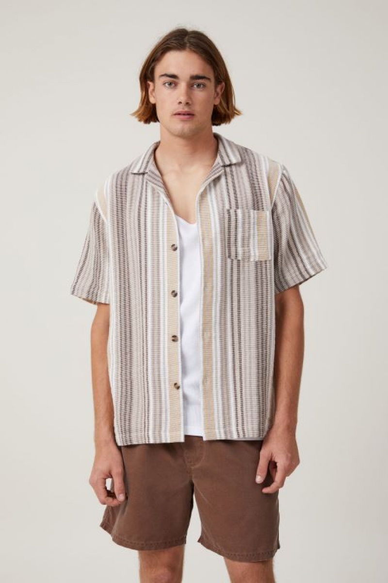 Cotton On Palma Short Sleeve Shirt Men\'s Shirts Brown Stripes | llGERAyoHsB
