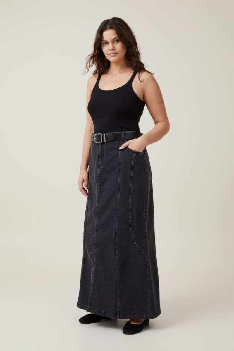 Cotton On Panel Flare Denim Maxi Women's Skirt Deep Grey Black | 1Z6zrdF9OuB