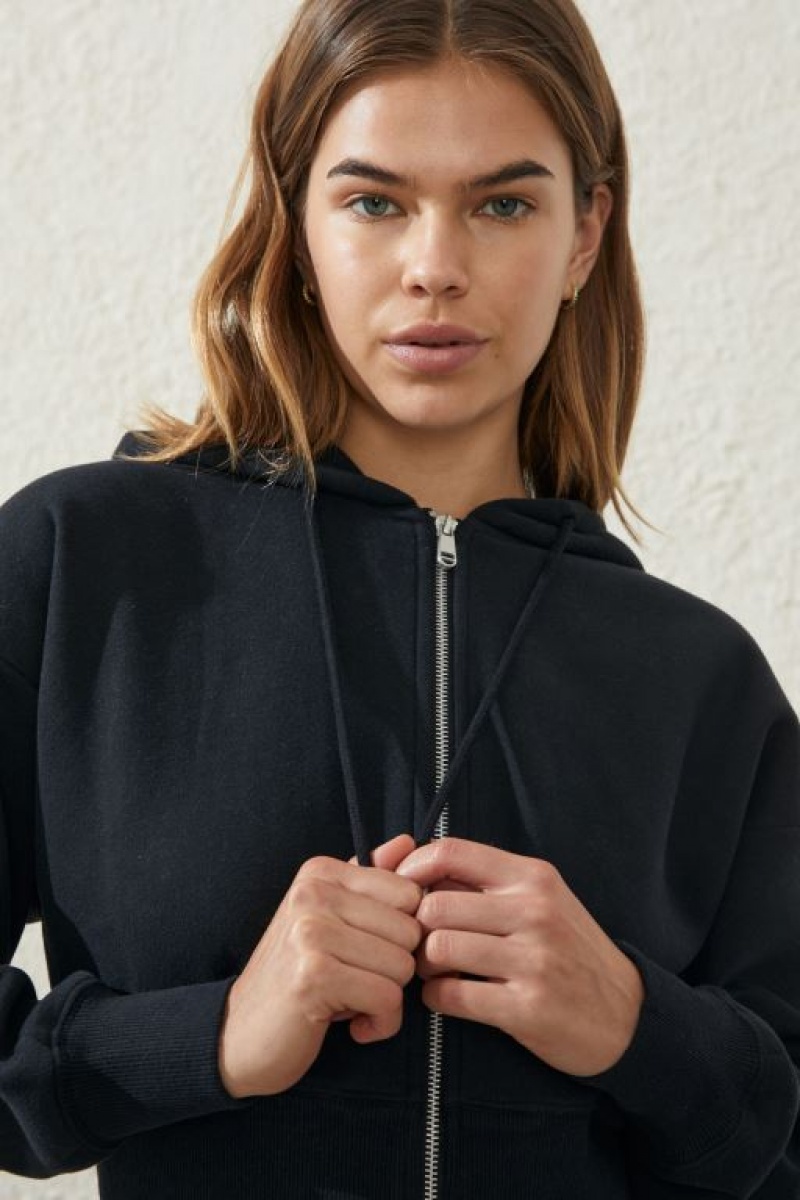 Cotton On Plush Essential Cropped Zip Through Women's Jumpers Black | 70ZzRyc0yGQ