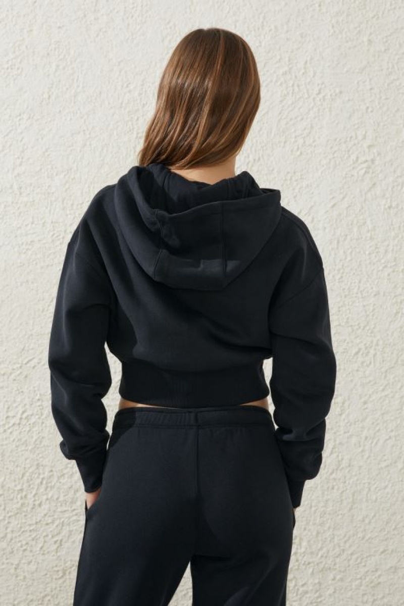 Cotton On Plush Essential Cropped Zip Through Women's Jumpers Black | 70ZzRyc0yGQ