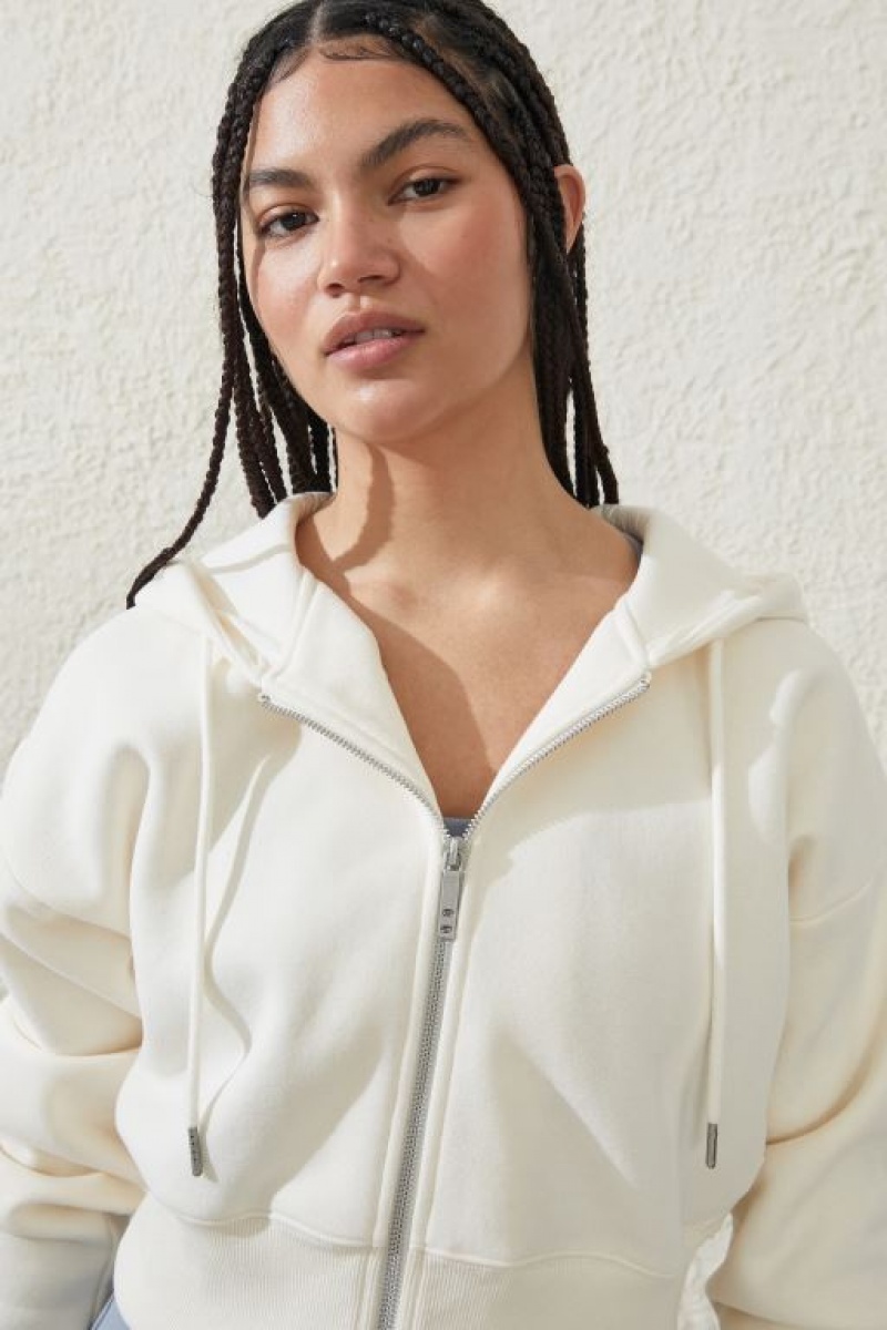 Cotton On Plush Essential Cropped Zip Through Women's Jumpers White | 9WjPoK6cFxZ