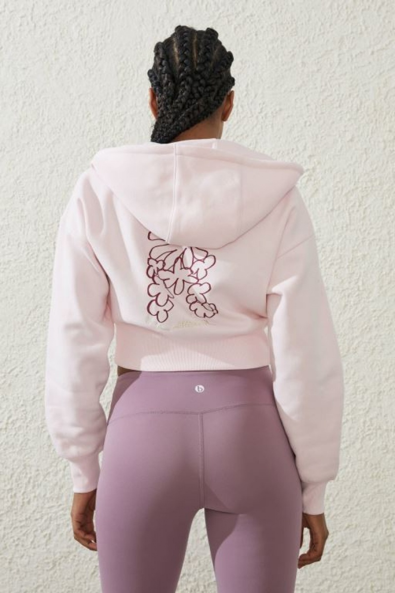 Cotton On Plush Essential Graphic Cropped Zip Through Women's Jumpers Pink | PUkhG3f8N7U