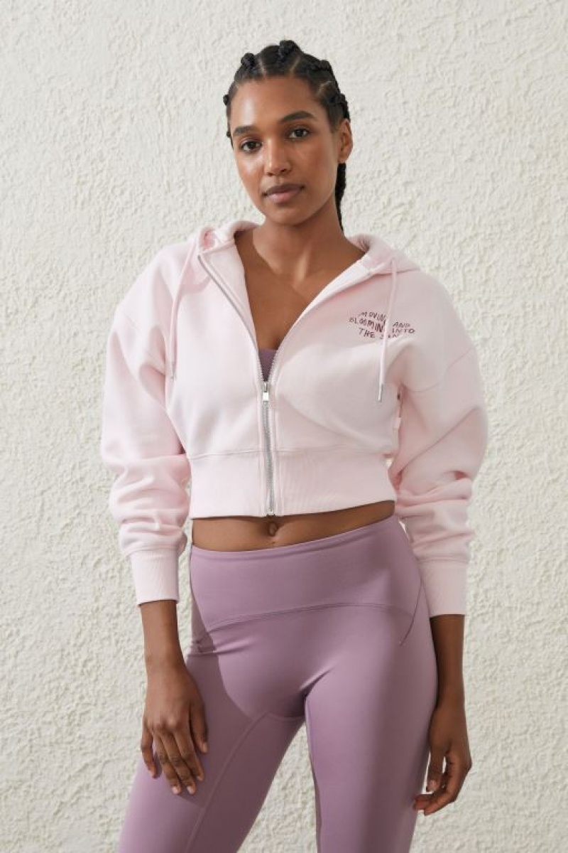 Cotton On Plush Essential Graphic Cropped Zip Through Women\'s Jumpers Pink | PUkhG3f8N7U
