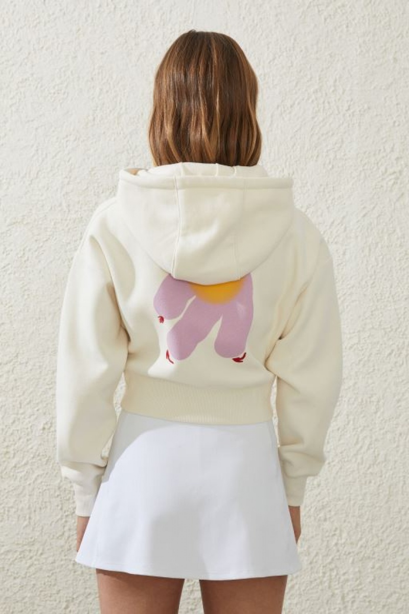 Cotton On Plush Essential Graphic Cropped Zip Through Women's Jumpers Coconut | upaS0yPk4DH