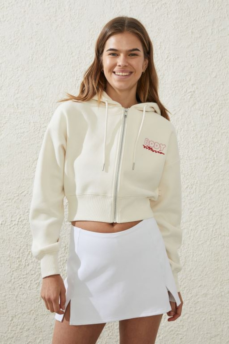 Cotton On Plush Essential Graphic Cropped Zip Through Women\'s Jumpers Coconut | upaS0yPk4DH