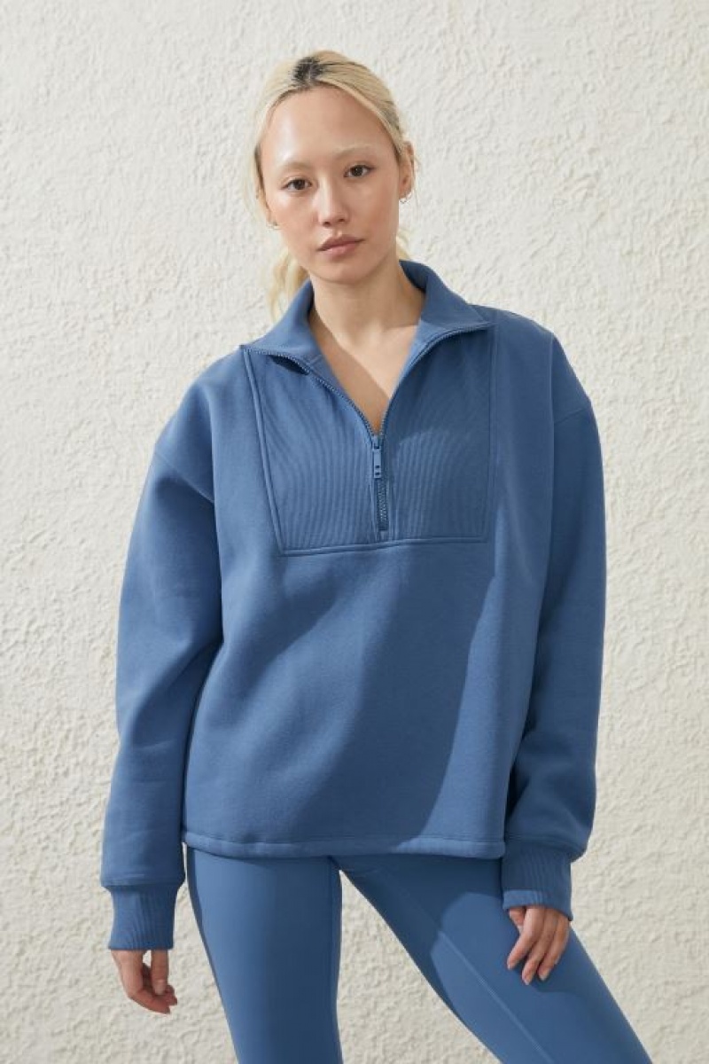 Cotton On Plush Rib Half Zip Women\'s Jumpers Blue | kSTRrpQPrOV
